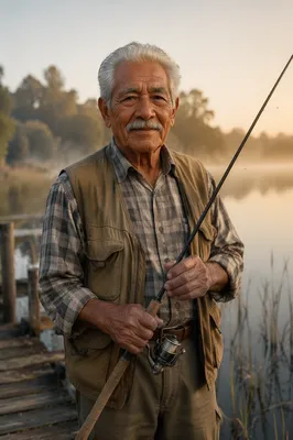 Elderly Man Fishing by Misty Lake