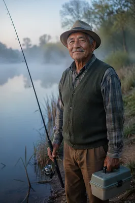 Elderly Fisherman by Misty Morning Lake