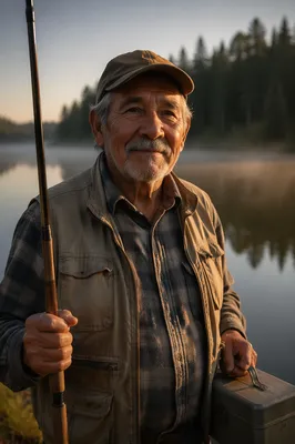 Elderly Grandfather Fishing by Misty Lake