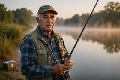 Elderly Fisherman Portrait by Misty Lake