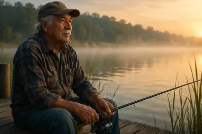 Elderly Man Fishing on Quiet Lakeside Dock