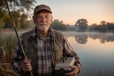 Elderly Fisherman by Misty Morning Lake
