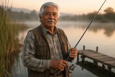 Elderly Fisherman by Misty Lake Sunrise
