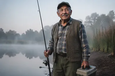 Elderly Fisherman by Misty Morning Lake