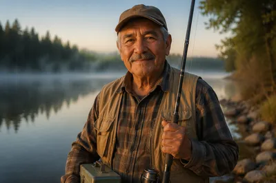 Elderly Fisherman Portrait by Misty Lake