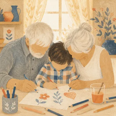 Grandparents Coloring With Grandchild at Kitchen Table