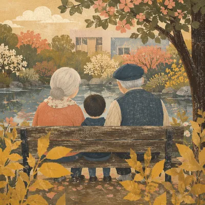 Grandparents and Grandchild by Garden Pond
