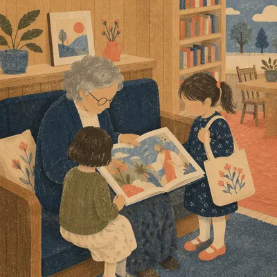 Grandmother Reading With Grandchildren in Cozy Library
