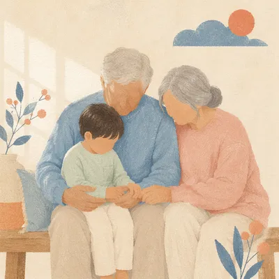 Grandparents and Grandchild in Gentle Pastel Portrait