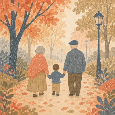 Grandparents Walking with Grandchild in Autumn