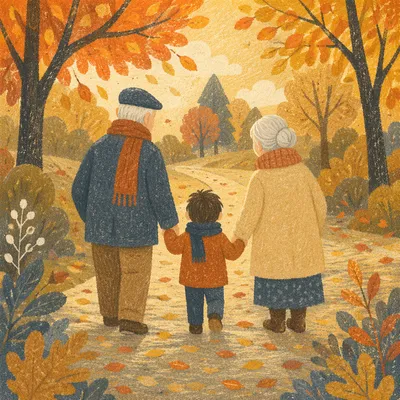 Grandparents and Grandchild Walking in Autumn Park