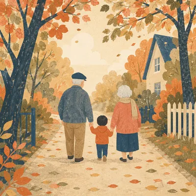 Grandparents and Grandchild on Autumn Path