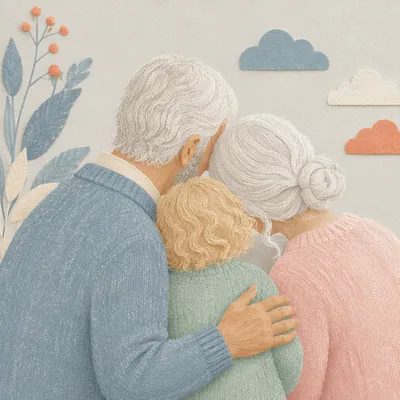 Grandparents Embracing Grandchild in Pastel Portrait