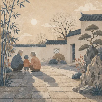 Grandparents and Grandchild in Quiet Courtyard