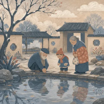 Grandparents and Child by Winter Pond