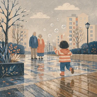 Grandparents and Grandchild in Rainy Courtyard