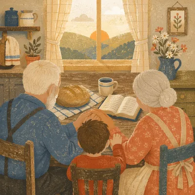 Grandparents and Grandchild Sharing Bread