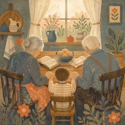 Grandparents and Grandchild Praying at Breakfast