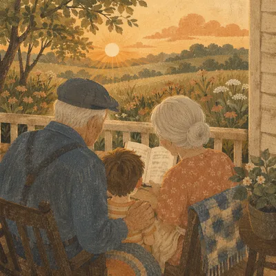 Grandparents and Grandchild on Golden Porch