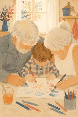 Grandparents Drawing With Grandchild at Kitchen Table