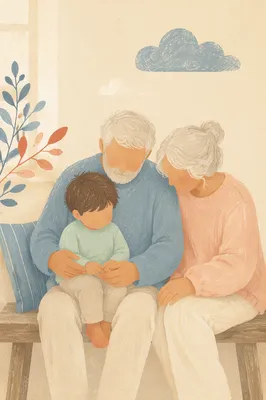 Grandparents Embracing Grandchild in Pastel Light