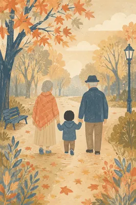 Grandparents Walking With Grandchild in Autumn