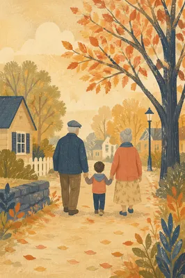 Grandparents Walking with Grandchild in Autumn