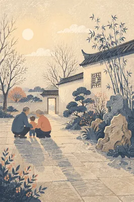 Grandparents and Grandchild in Quiet Courtyard