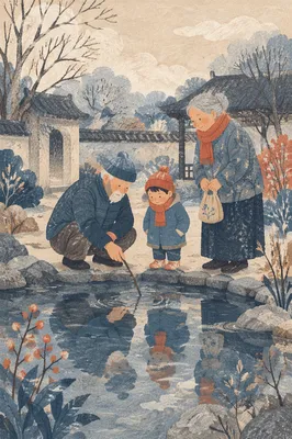 Grandparents and Grandchild by Winter Pond