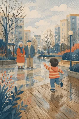 Grandparents and Grandchild Playing After Rain