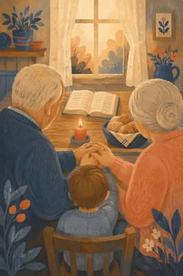 Grandparents and Grandchild Sharing Mealtime Prayer