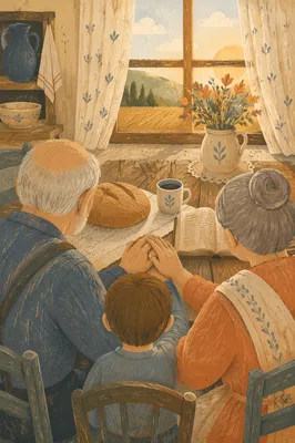 Grandparents and Grandchild Sharing Bread Together