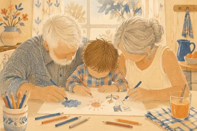 Grandparents and Grandchild Coloring Together