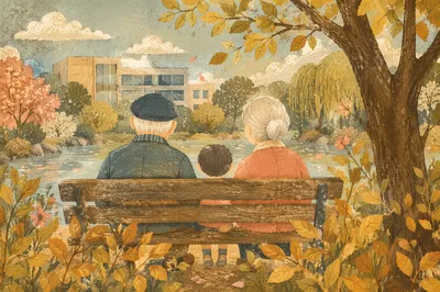 Grandparents and Grandchild by Garden Pond