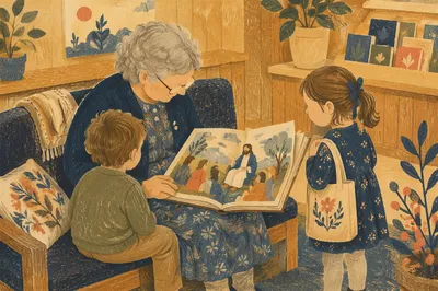 Grandmother Reading With Grandchildren in Cozy Library
