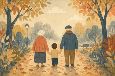 Grandparents and Grandchild Walking in Autumn Park
