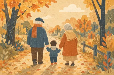 Grandparents and Grandchild Walking in Autumn