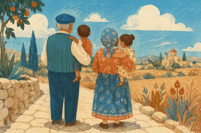 Grandparents Holding Grandchildren in Rural Sunlight