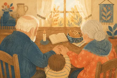 Grandparents and Grandchild Sharing Mealtime Prayer