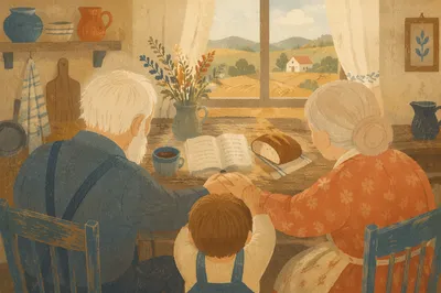 Grandparents and Grandchild Sharing Bread