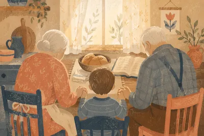 Grandparents and Grandchild Praying at Breakfast