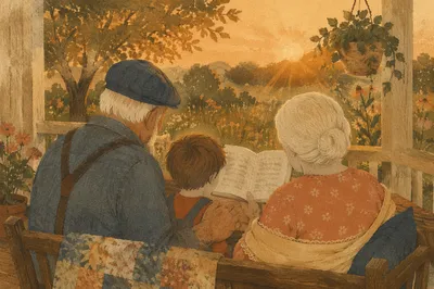 Grandparents Sharing Storybook on Golden Porch
