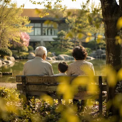 Grandparents and Grandchild by Quiet Garden Pond
