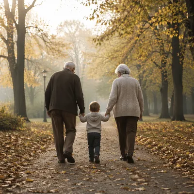 Grandparents and Grandchild Walking in Autumn Park