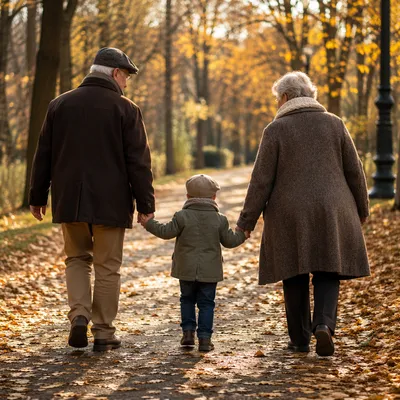 Grandparents and Grandchild Walking in Autumn