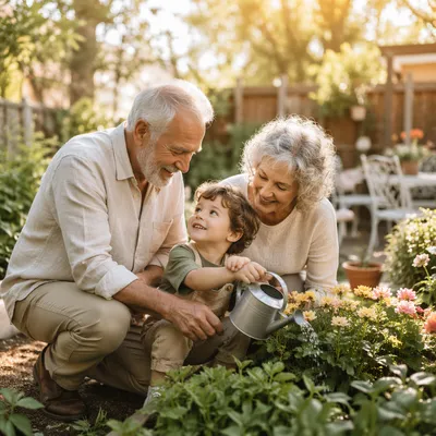 Grandparents and Grandchild Watering Garden Together