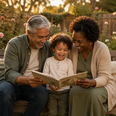 Three-Generation Family Laughing in Garden