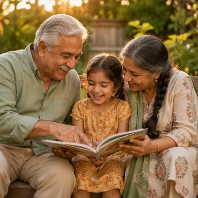 Grandparents Reading with Granddaughter in Garden
