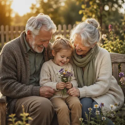 Grandparents and Grandchild in Garden at Sunset