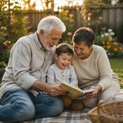 Grandparents and Grandchild Reading in Garden